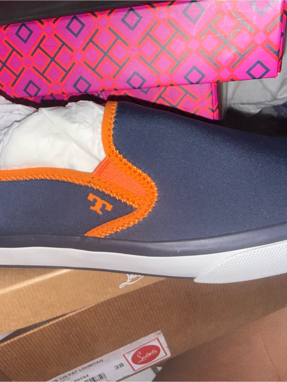 Tory Burch Navy and Orange Slip-On Espadrilles